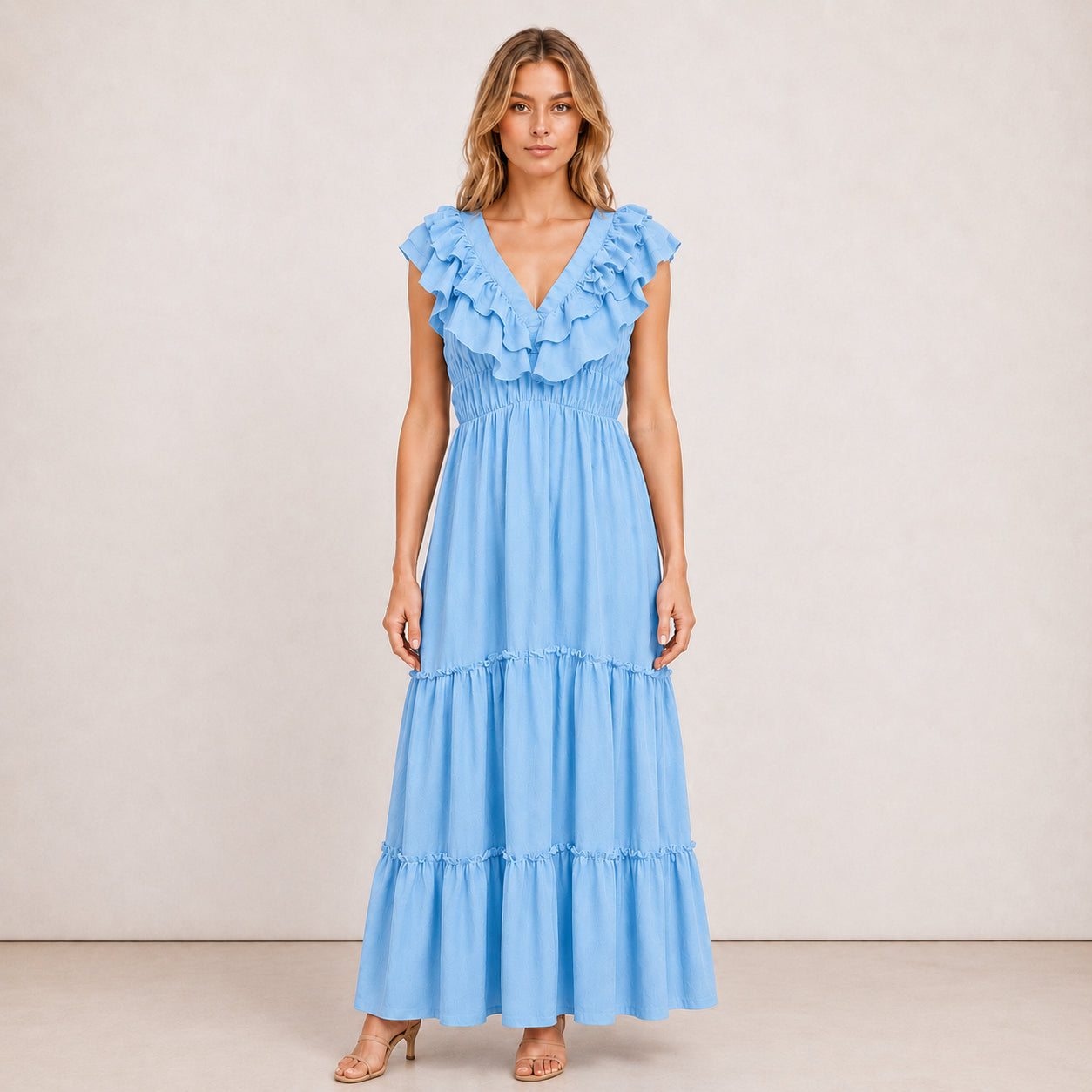 [2026.NOHO] Carmen, Vestito Lungo Con Balze E Volant Sullo Scollo A V