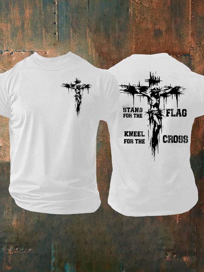 🔥Compra 3 e ottieni il 15% di sconto🔥T-shirt casual stampata da uomo "Stand For The Flag Kneel For The Cross"