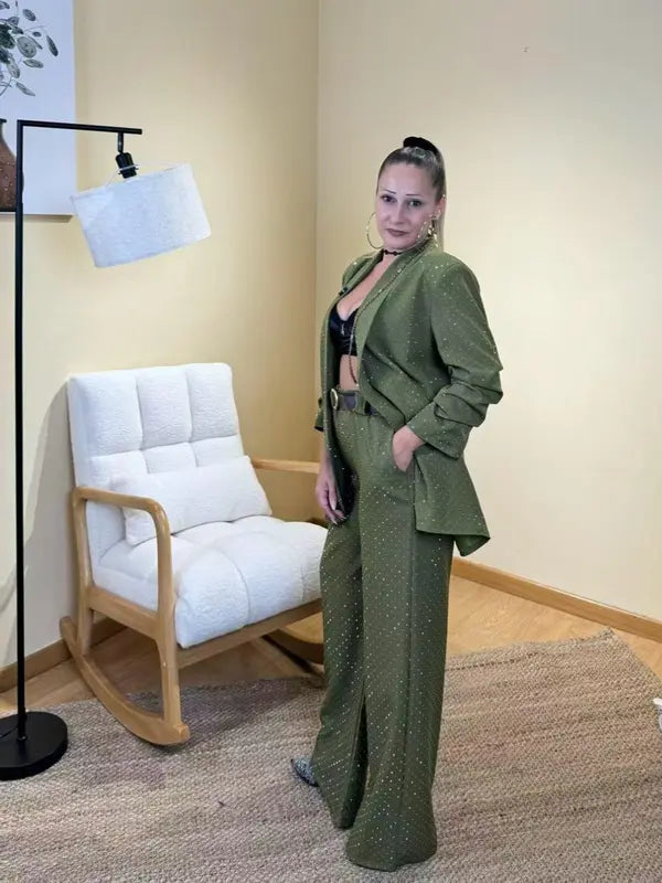 Completo Giacca e Pantaloni con Micro Paillettes, Set 2 pezzi con cintura, Taglia Unica Donna, Elegante e Versatile