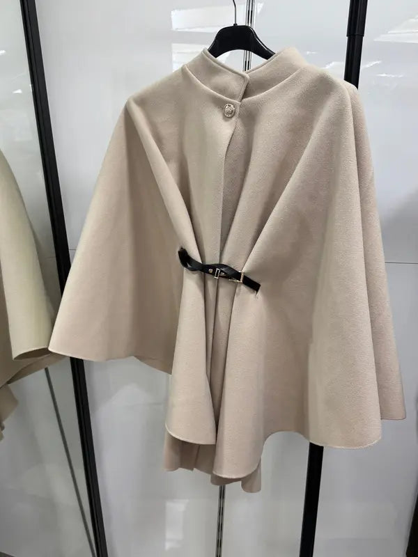 Manteau cape en laine ceinturé à boucle unie pour femme