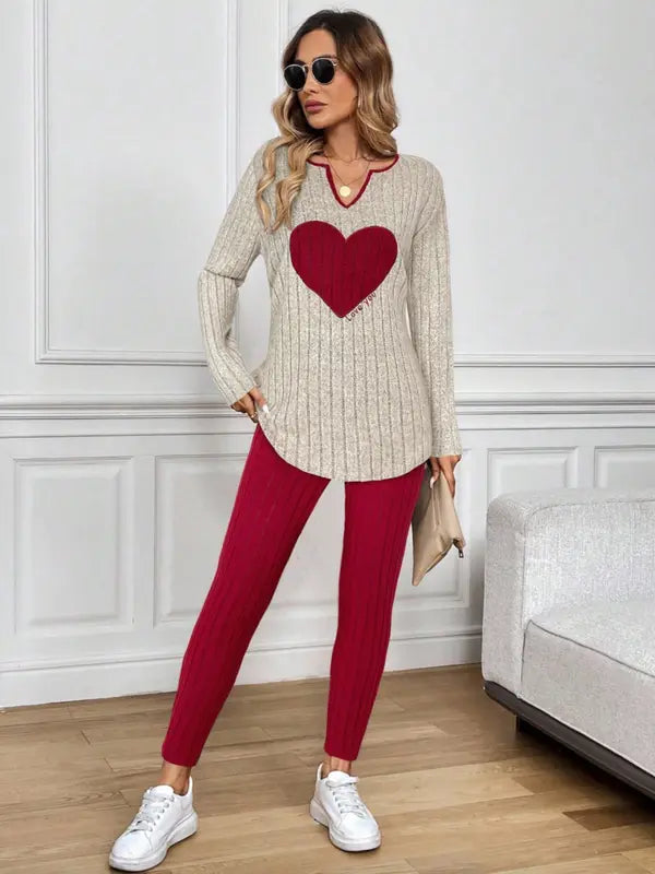 Ensemble 2 pièces décontracté femme, t-shirt à manches longues et legging en maille côtelée peluche, automne/hiver
