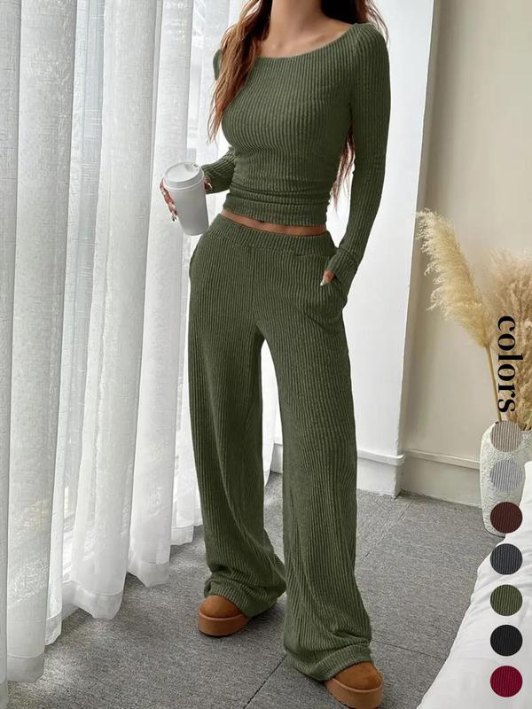 Completo casual da donna a righe con top a maniche lunghe e pantaloni ampi con tasche, abbigliamento femminile in stile europeo, comodo per l'uso quotidiano