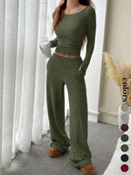 Completo casual da donna a righe con top a maniche lunghe e pantaloni ampi con tasche, abbigliamento femminile in stile europeo, comodo per l'uso quotidiano