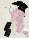 Set pigiama da donna con ricamo a cuore, colletto dentellato, maniche corte e tasche, completo casual e comodo con maglietta e pantaloncini per tutte le stagioni