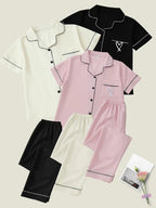 Set pigiama da donna con ricamo a cuore, colletto dentellato, maniche corte e tasche, completo casual e comodo con maglietta e pantaloncini per tutte le stagioni