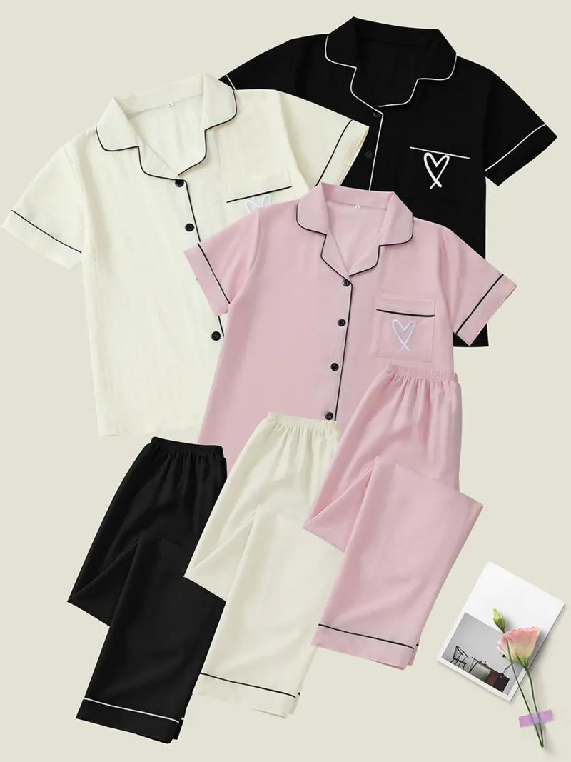 Ensemble de pyjama pour femme à broderie de cœurs, col cranté, manches courtes et poches, chemise et short confortables et décontractés pour toutes les saisons