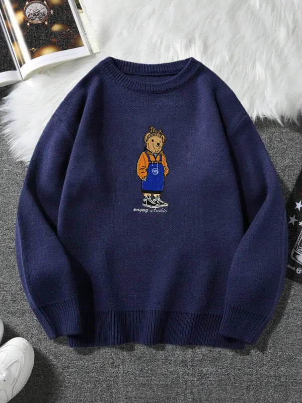 Maglione girocollo unisex con stampa orsetto dei cartoni animati, maglione casual ampio a maniche lunghe per autunno e inverno, maglieria moda da donna per l'uso quotidiano