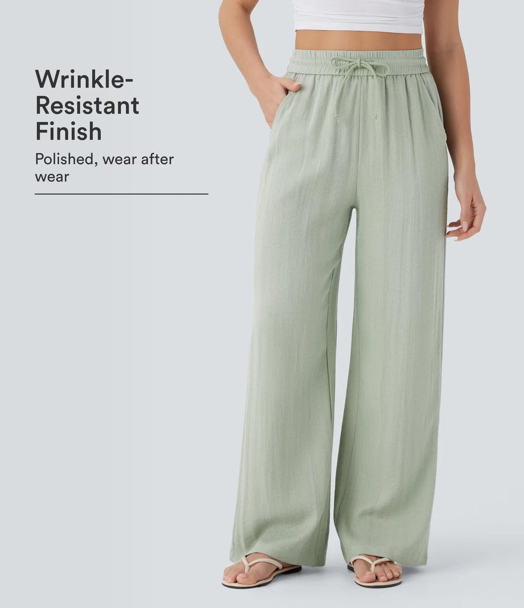 Pantalon ample taille haute en lin avec cordon de serrage et grandes poches