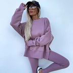 Ensemble deux pièces oversize pour femme - Sweat-shirt à ourlet fendu et pantalon skinny, pull décontracté à col rond et manches longues, vêtements pour femme pour l'automne et costumes d'hiver basiques, Gamis pour femme