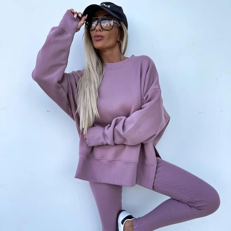 Ensemble deux pièces oversize pour femme - Sweat-shirt à ourlet fendu et pantalon skinny, pull décontracté à col rond et manches longues, vêtements pour femme pour l'automne et costumes d'hiver basiques, Gamis pour femme