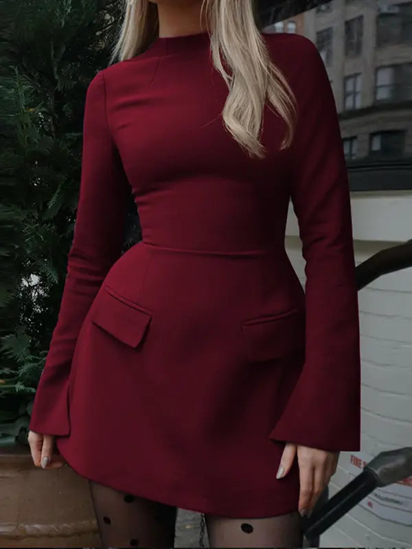 Abito da donna a trapezio tinta unita con maniche a balze e patta, elegante abito corto a maniche lunghe con collo alla coreana per feste, vacanze, invitati a matrimoni, abbigliamento primaverile e autunnale da donna