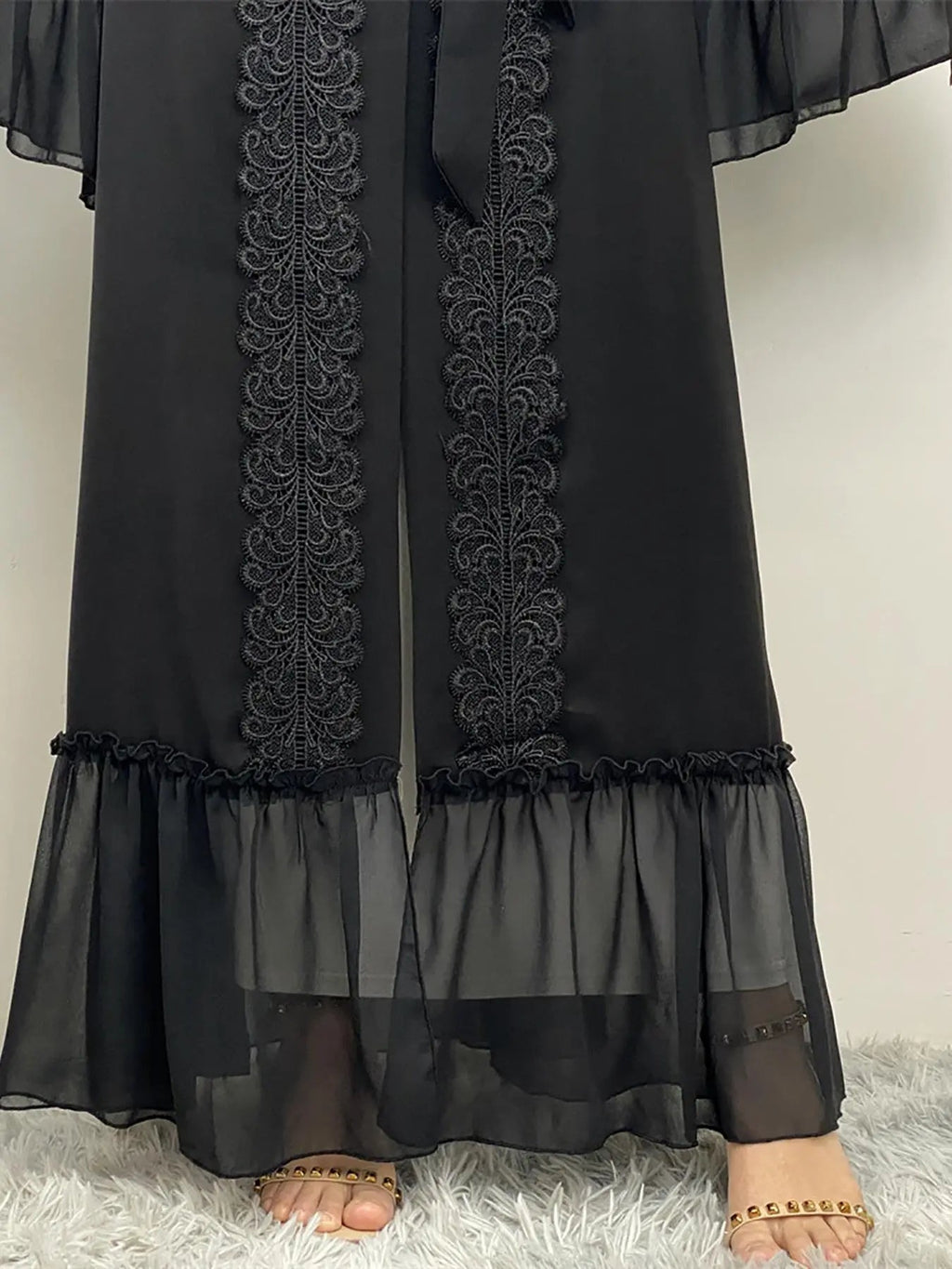 Abbigliamento Arabo - Abaya Cinghiata con Pizzo a Contrasto senza Hijab, Abiti Estivi, Abito a Maniche Lunghe con Volant alla Moda Araba, Abbigliamento Abaya Modesto per Donna, Abaya Islamica