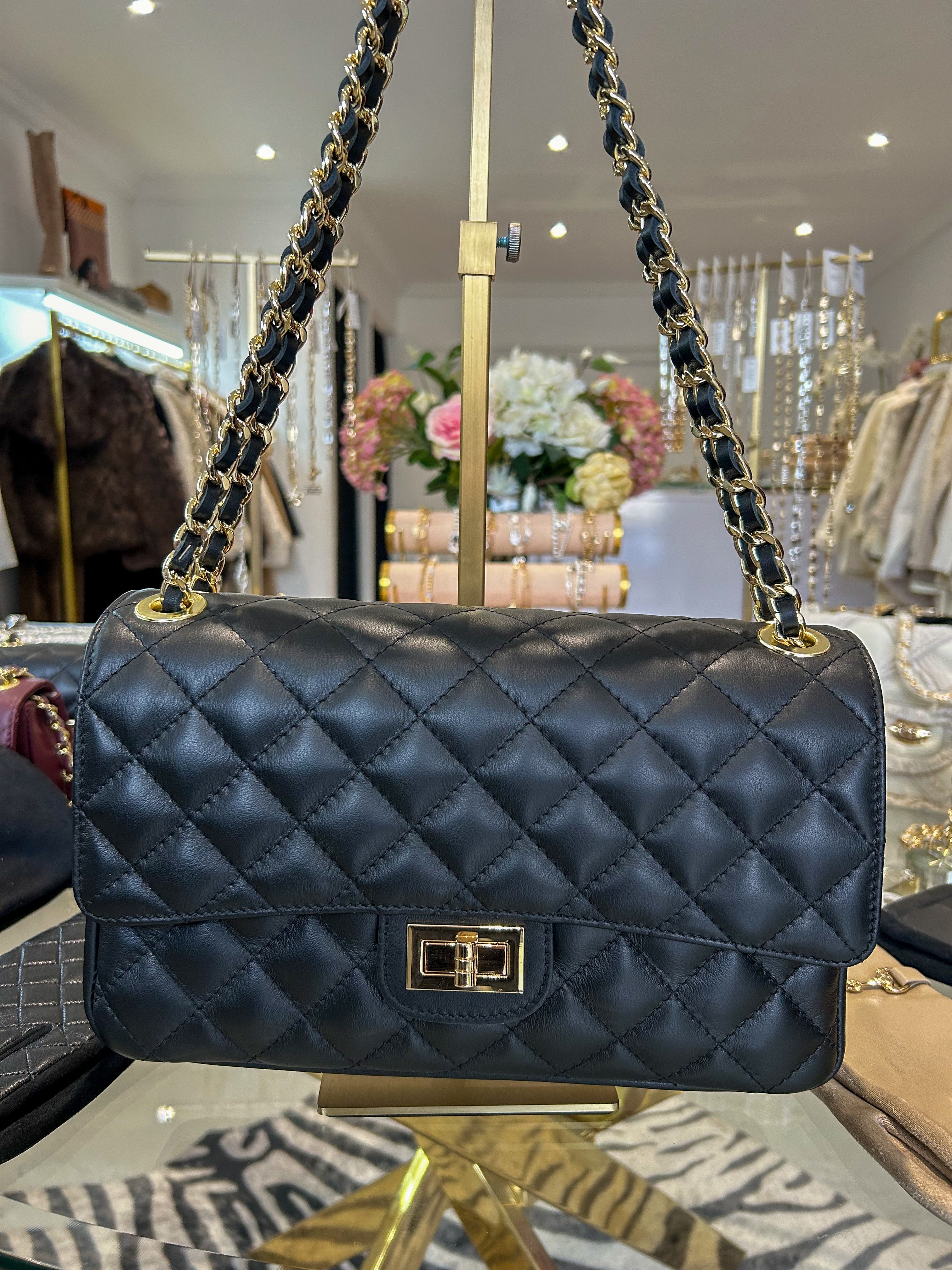 Grand Sac à Main Matelassé en Cuir Véritable avec Fermoir Tournant et Anse Chaîne (8 Couleurs)
