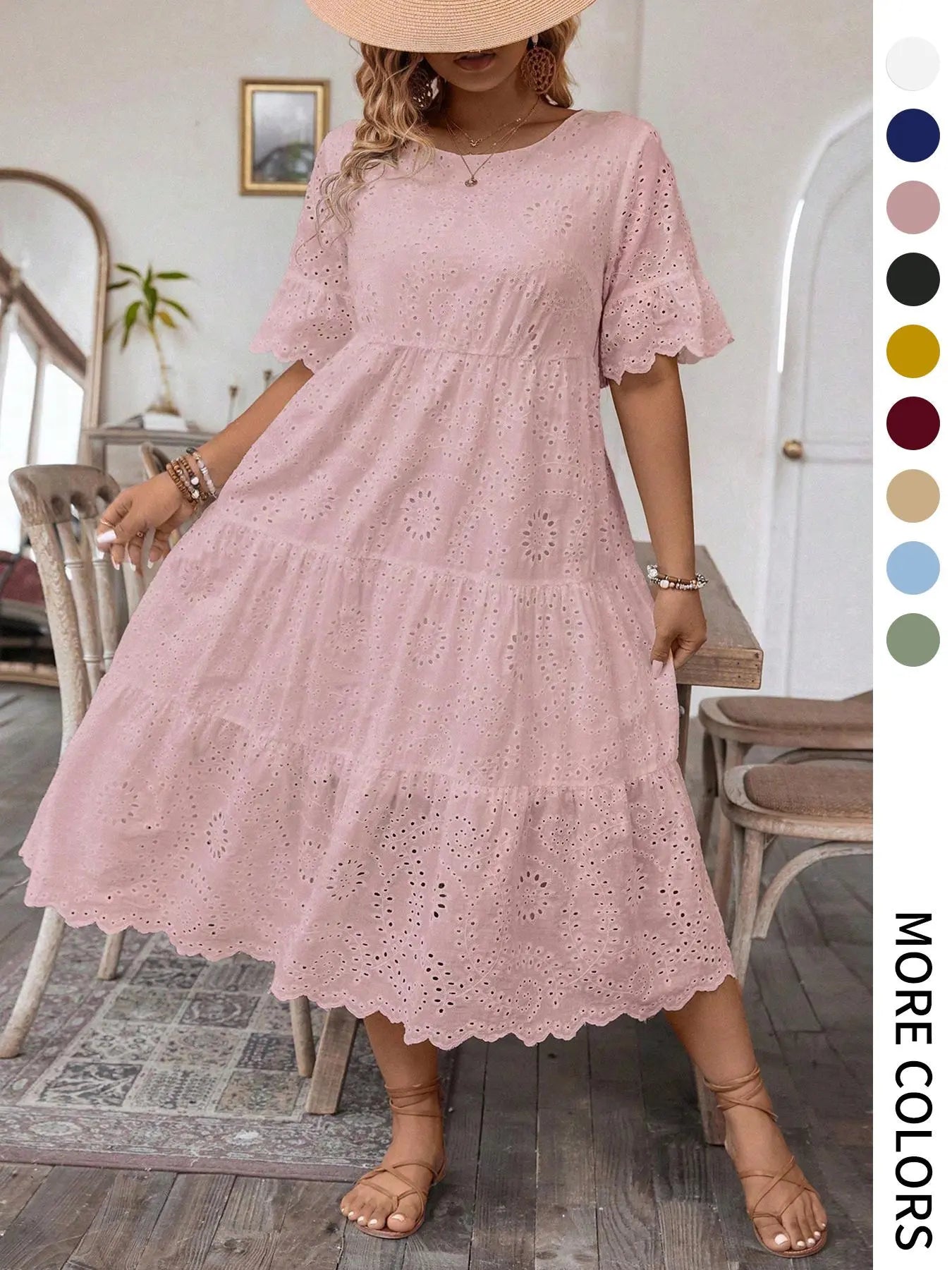 [Grande Taille] Robe unie avec broderie œillets, Robe bohème à col rond pour les vacances et le quotidien – Vêtements d'été pour femmes