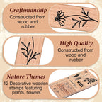 12 Pcs Vintage Wooden Rubber Stamps, Plant and Flower Decorative Wooden Rubber Stamp Set for Art DIY Craft Scrapbooking Journals Card Making Letters