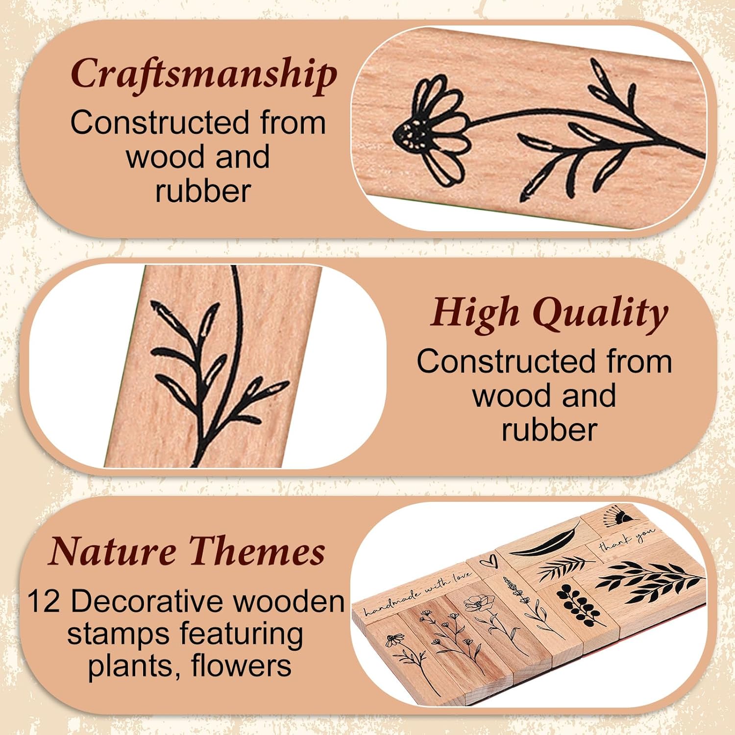 12 Pcs Vintage Wooden Rubber Stamps, Plant and Flower Decorative Wooden Rubber Stamp Set for Art DIY Craft Scrapbooking Journals Card Making Letters