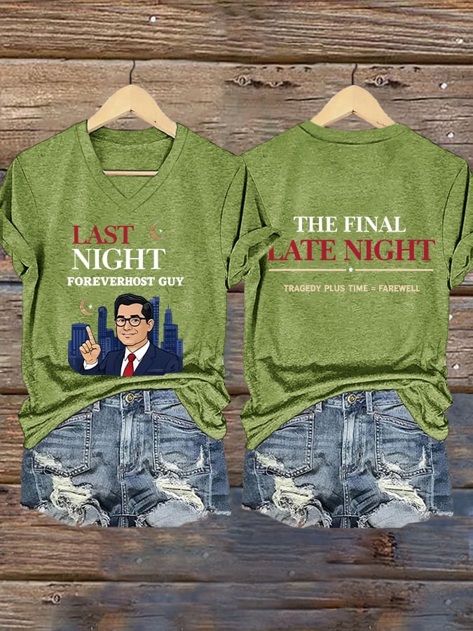 🔥Buy 3 Get 15% Off🔥V-Neck Retro Last Night Foreverhost Guy The Final Late Night Tragedy Plus Time = Farewell Print T-Shirt