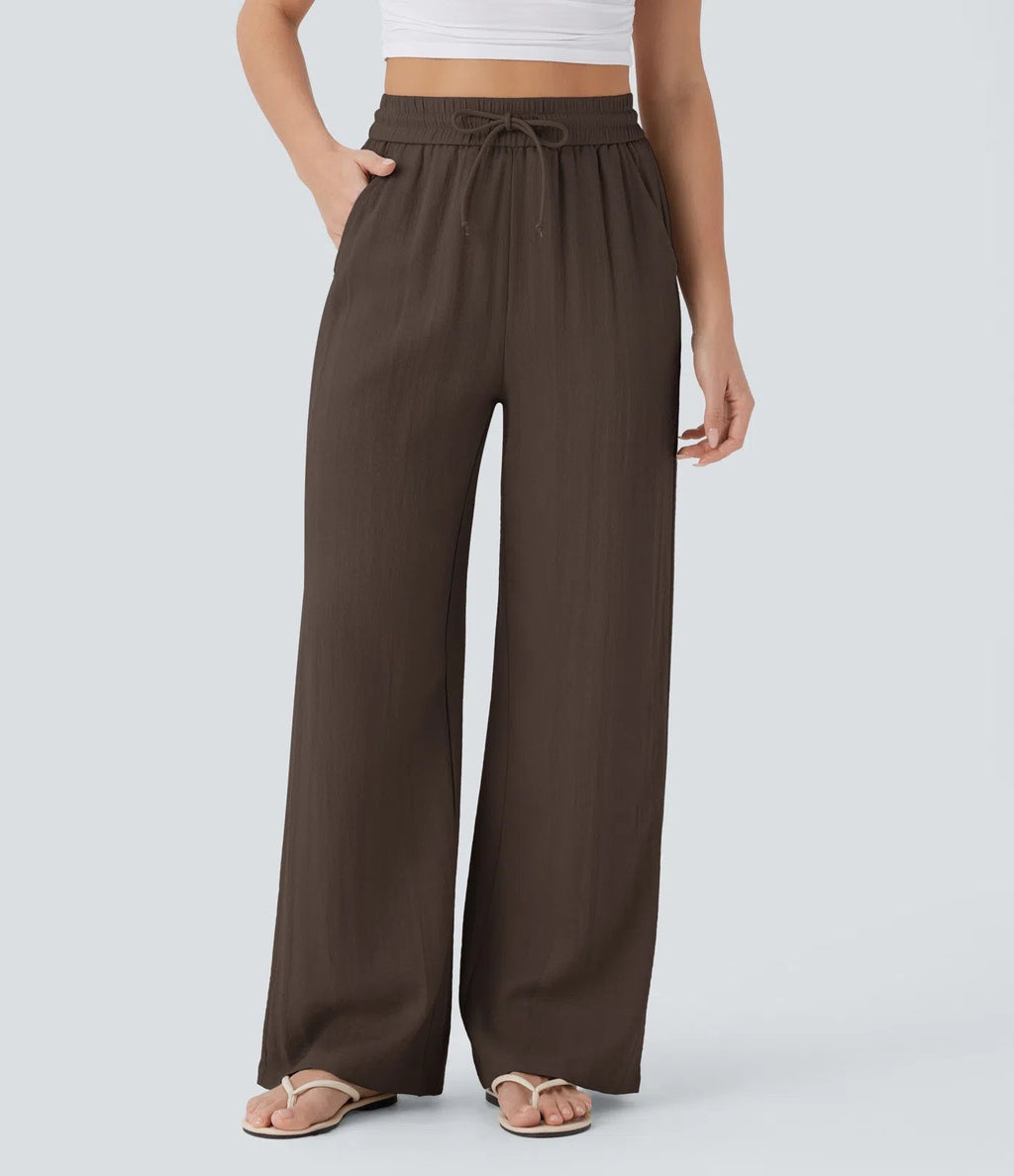 Pantalon ample taille haute en lin avec cordon de serrage et grandes poches