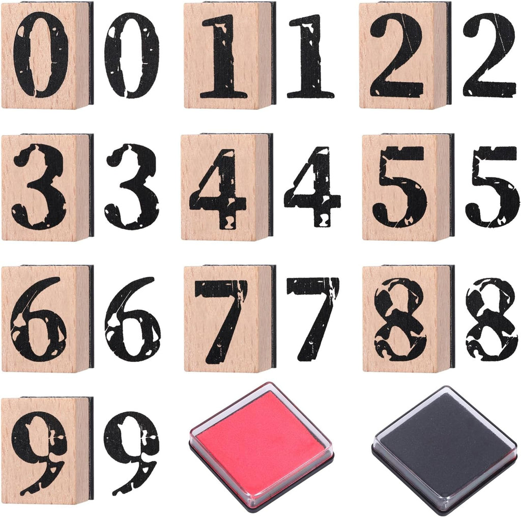 10 Pcs Number Stamps Set, Wooden Number Rubber Stamps 0-9 with 2 Colors Stamp Pad, Craft Ink Digits Stamp for Calendar Scrapbooking Card Making DIY Crafting Back to School Supplies Gifts