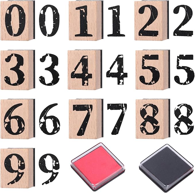 10 Pcs Number Stamps Set, Wooden Number Rubber Stamps 0-9 with 2 Colors Stamp Pad, Craft Ink Digits Stamp for Calendar Scrapbooking Card Making DIY Crafting Back to School Supplies Gifts