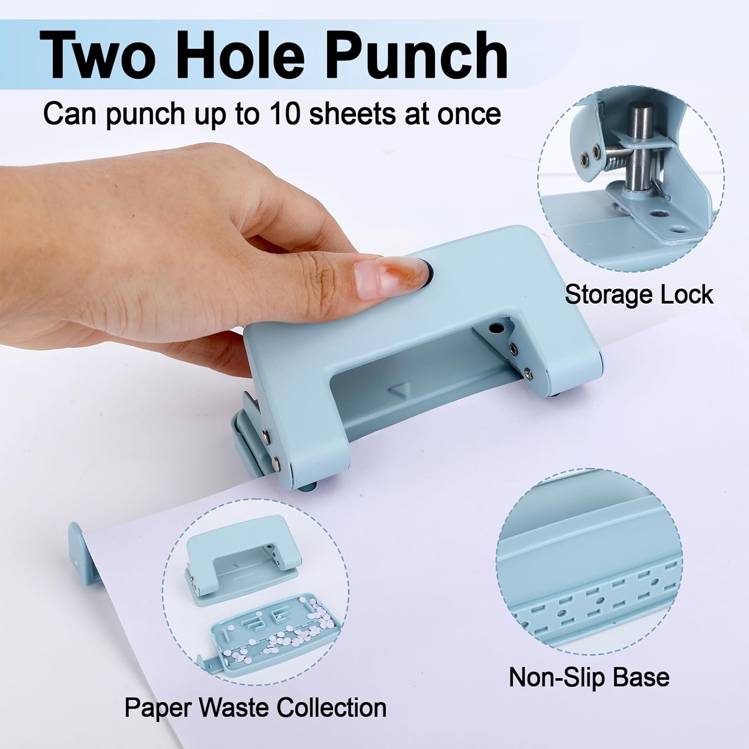 2 Hole Paper Punch,Metal Two Hole Punch，Adjustable 2 Hole Paper Puncher for A4/A5/B5 Looseleaf Book and Home Supplies（Blue）