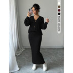Set due pezzi da donna, maglione e gonna lunga a tinta unita con bottoni, top casual a maniche lunghe con spalle scese in maglia e gonna a vita alta per l'uso quotidiano all'aperto, maglieria da donna per l'autunno e l'inverno