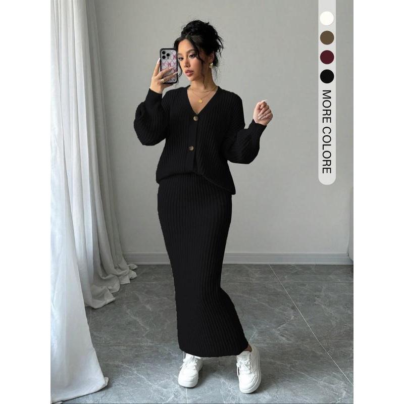Set due pezzi da donna, maglione e gonna lunga a tinta unita con bottoni, top casual a maniche lunghe con spalle scese in maglia e gonna a vita alta per l'uso quotidiano all'aperto, maglieria da donna per l'autunno e l'inverno