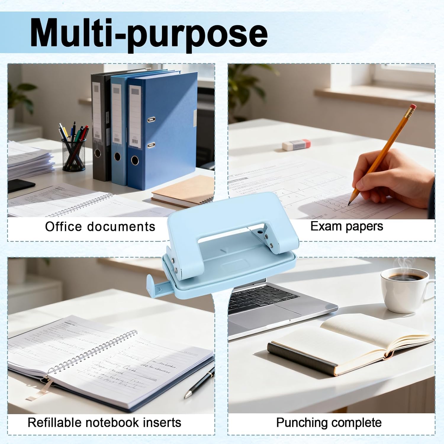 2 Hole Paper Punch,Metal Two Hole Punch，Adjustable 2 Hole Paper Puncher for A4/A5/B5 Looseleaf Book and Home Supplies（Blue）