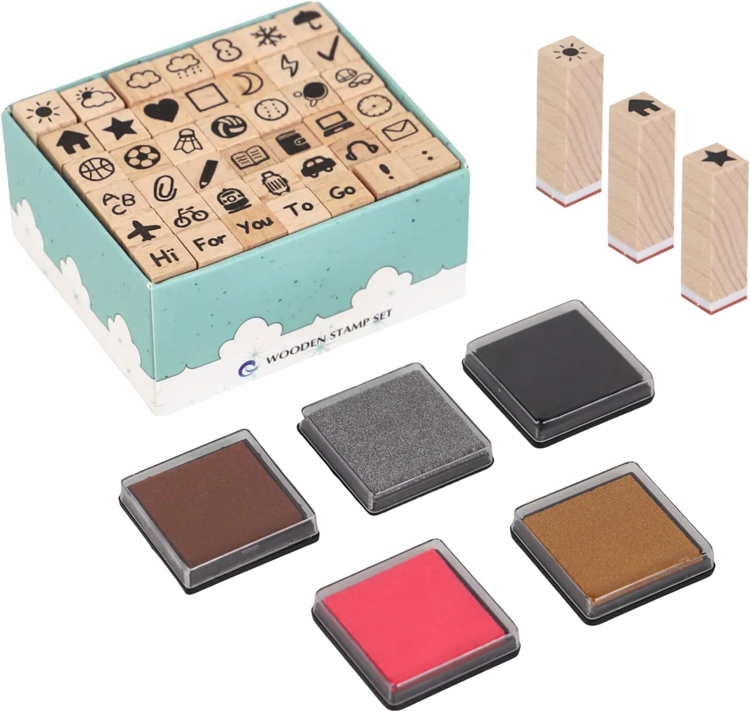 30PCS Wooden Rubber Stamps, Vintage Wood Letter, Mini Cute Emoji Stamps for Cards Making DIY Scrapbooking Photo Album Decoration