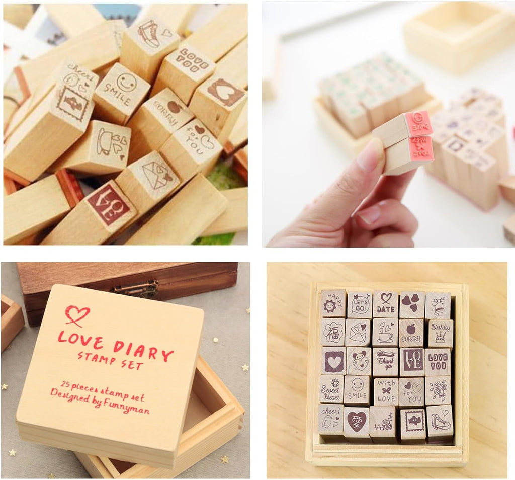25Pcs Small Heart Shape Wooden Rubber Stamps with Box Mini Cute DIY Diary Stamps Set for Craft Decorating Scrapbooking and Wedding Invitation Cards (Red 25pcs Love)