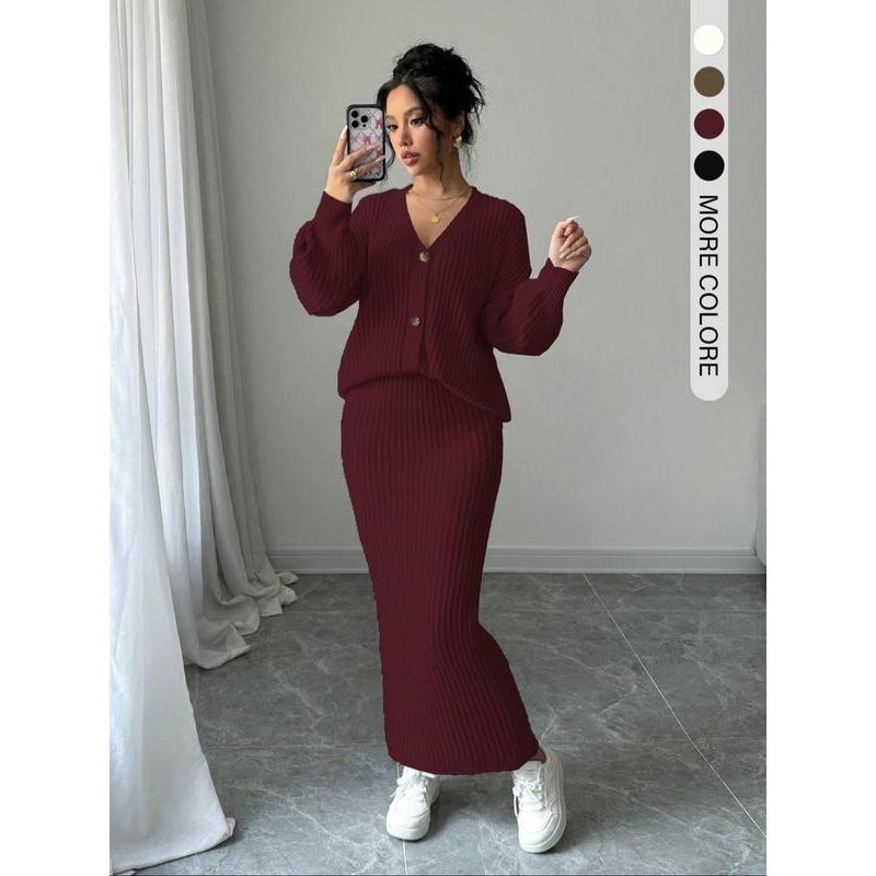Set due pezzi da donna, maglione e gonna lunga a tinta unita con bottoni, top casual a maniche lunghe con spalle scese in maglia e gonna a vita alta per l'uso quotidiano all'aperto, maglieria da donna per l'autunno e l'inverno