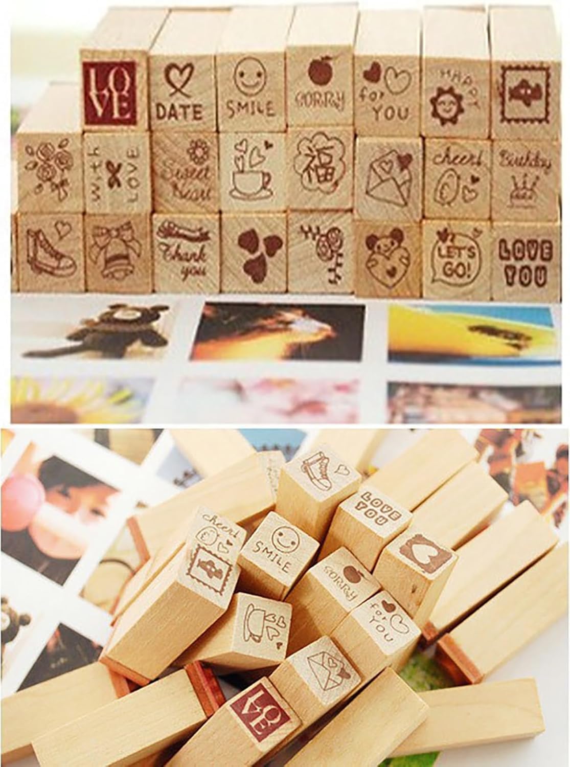25Pcs Small Heart Shape Wooden Rubber Stamps with Box Mini Cute DIY Diary Stamps Set for Craft Decorating Scrapbooking and Wedding Invitation Cards (Red 25pcs Love)
