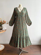 Abito Lungo Floreale da Donna Taglie Forti, Abito Lungo con Scollo a V e Lacci sul Retro e Bordo in Pizzo a Maniche Lunghe per Autunno Inverno, Elegante e Casual