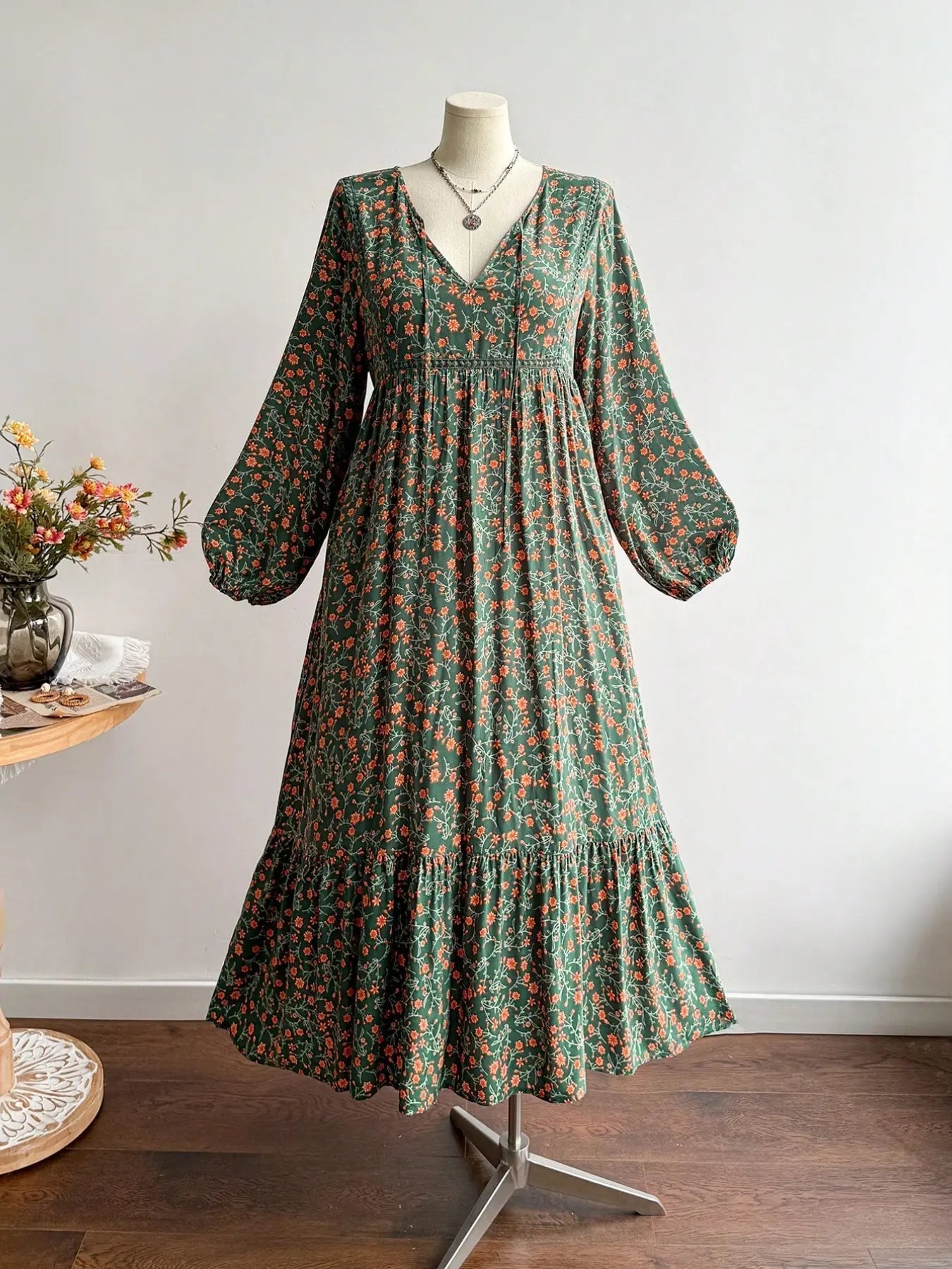 Robe longue à fleurs tissée pour femme grande taille, robe maxi à manches longues, col en V, dos noué, bordée de dentelle, pour l'automne et l'hiver, style décontracté et élégant