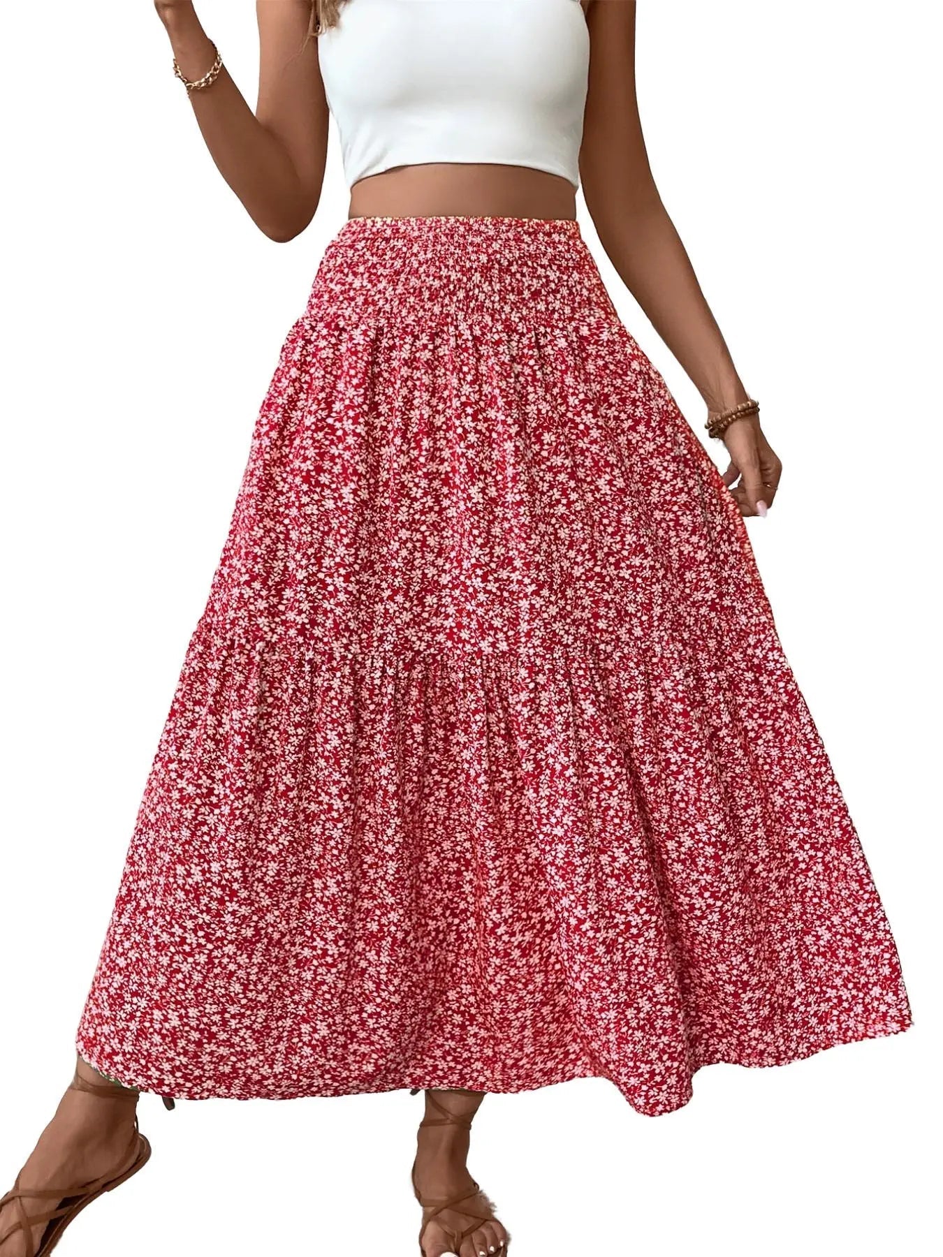 Gonna casual floreale da donna a trapezio, vita elastica con tasche, orlo a foglia, gonna lunga aderente, abito a media lunghezza alla moda