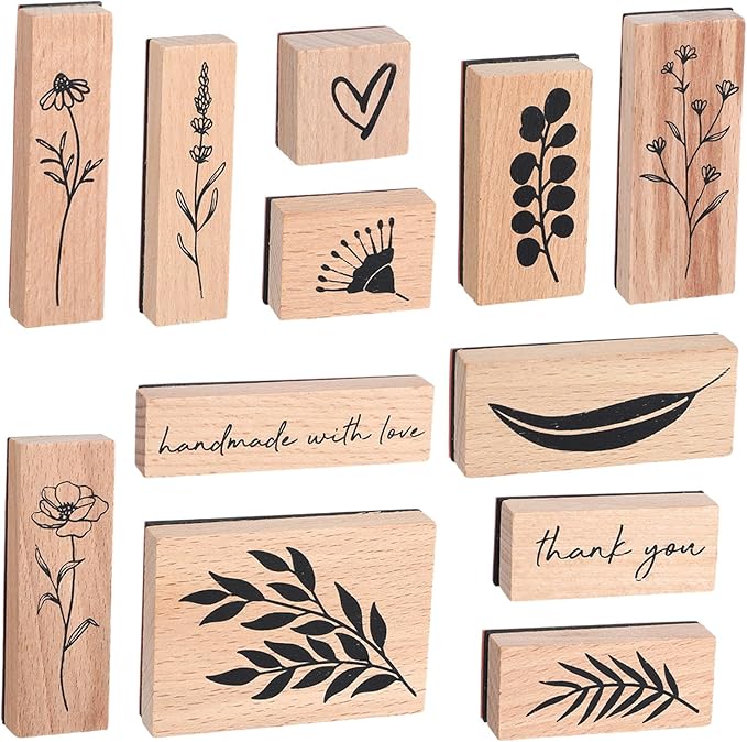 12 Pcs Vintage Wooden Rubber Stamps, Plant and Flower Decorative Wooden Rubber Stamp Set for Art DIY Craft Scrapbooking Journals Card Making Letters