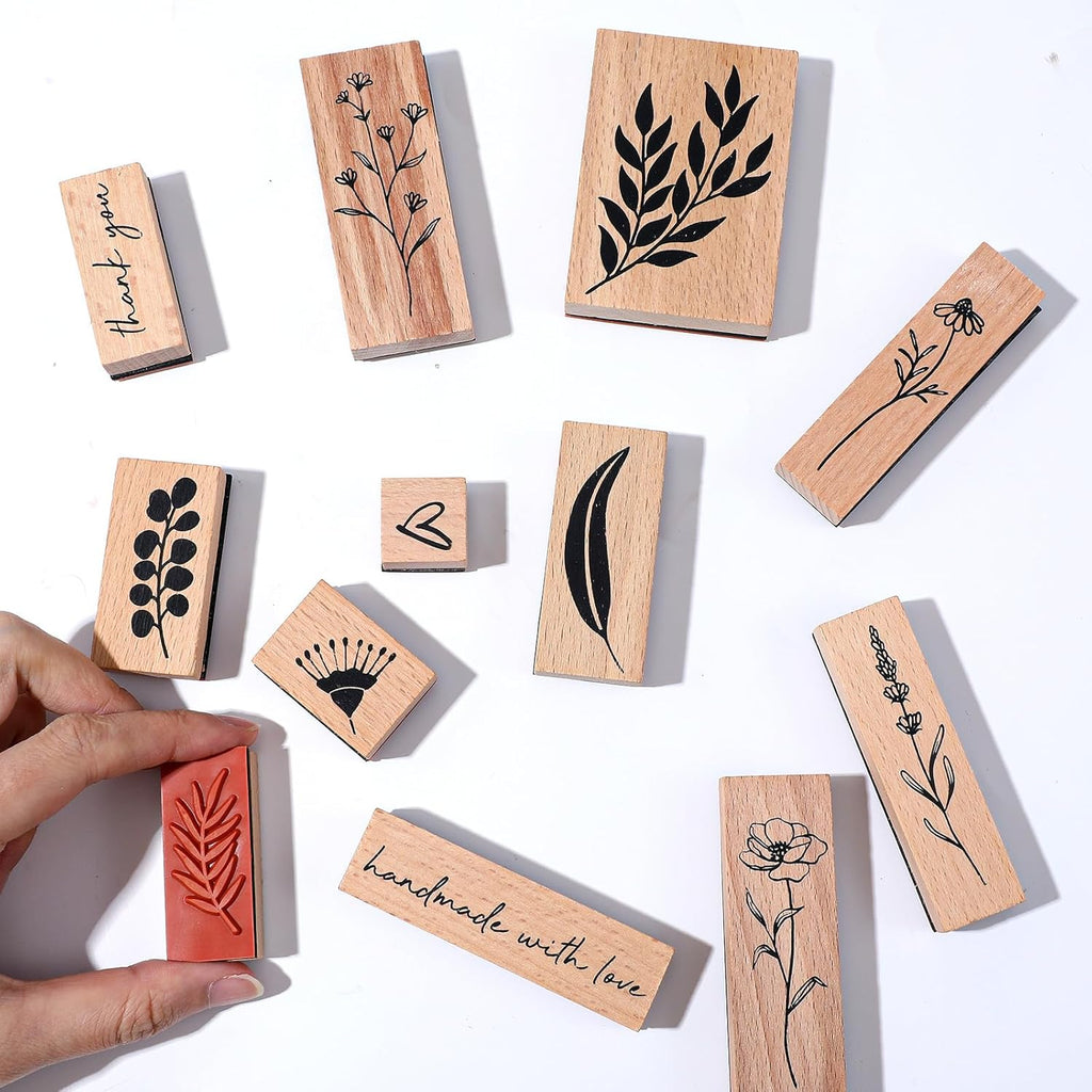 12 Pcs Vintage Wooden Rubber Stamps, Plant and Flower Decorative Wooden Rubber Stamp Set for Art DIY Craft Scrapbooking Journals Card Making Letters