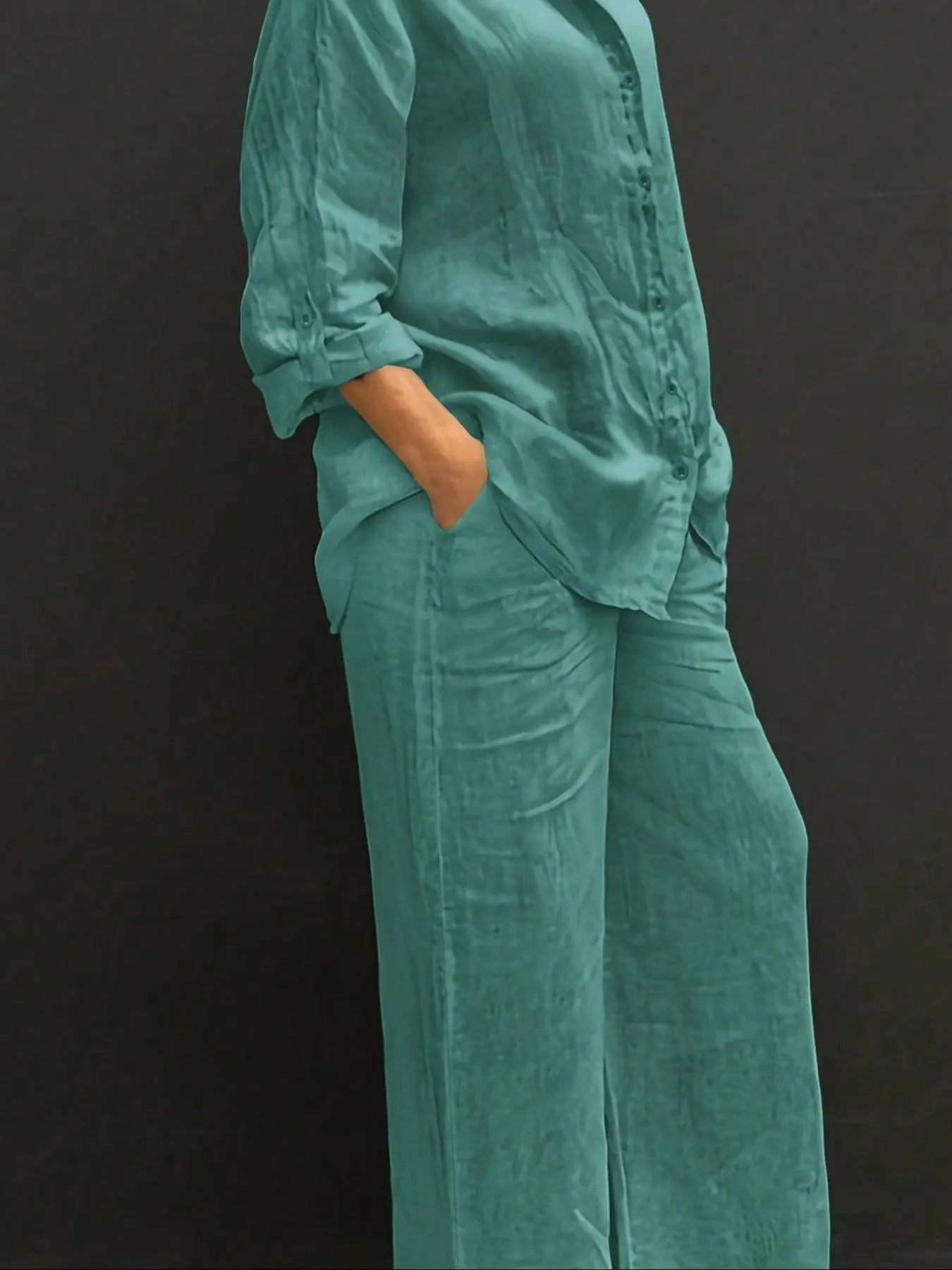 Ensemble Femme Chemise Couleur Unie & Pantalon Large, Tenues Deux Pièces Décontractées Confortables et Respirantes pour le Quotidien en Extérieur, Vêtements Femme pour Printemps Automne