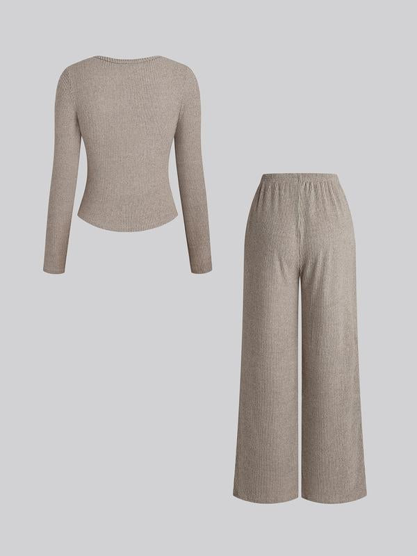Ensemble deux pièces décontracté femme, haut à manches longues et col rond coupe slim et pantalon, motif uni, tissu modéré, automne-hiver