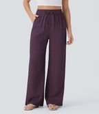 Pantalon ample taille haute en lin avec cordon de serrage et grandes poches
