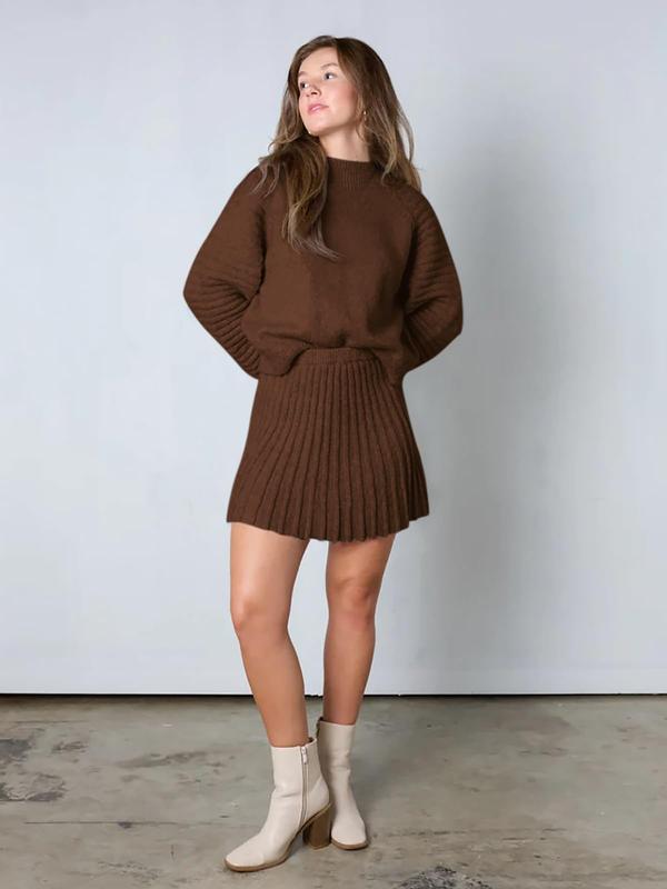 Ensembles 2 Pièces Femme 2025 Pulls Col Montant Manches Longues Côtelés et Mini-Jupe
