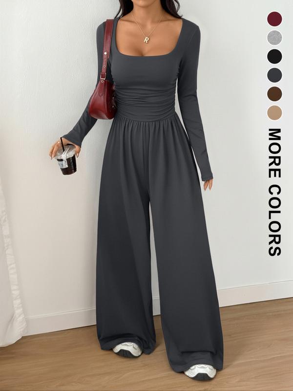 Combinaison Femme Automne Hiver en Tricot à Jambes Larges, Combinaison Décontractée Unie à Col Rond, Combinaison Polyvalente à Manches Longues