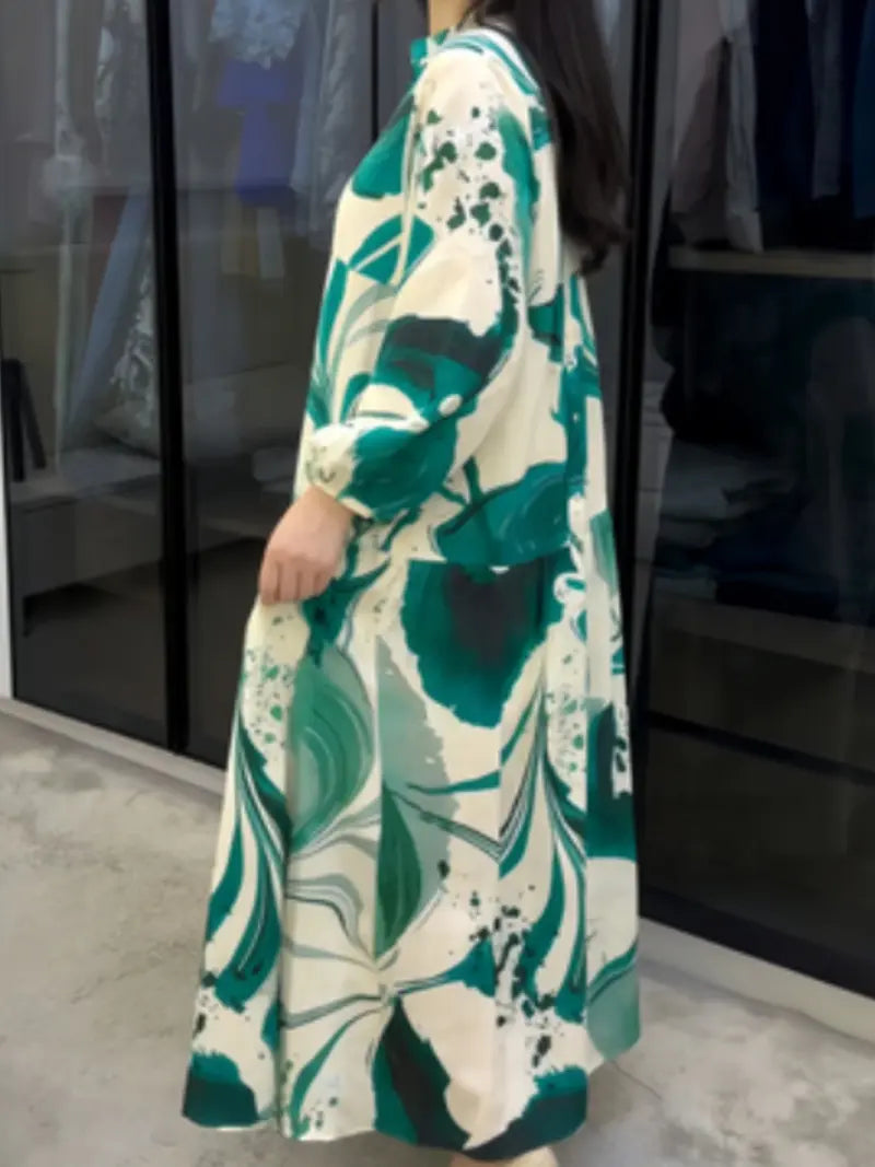 Robe longue florale à manches longues 2026, robe longue décontractée polyvalente à col en V, coupe ample style élégant pour femmes
