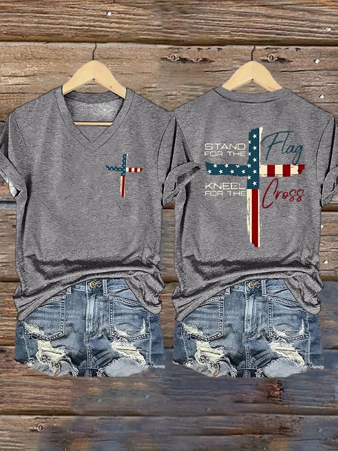 T-Shirt Casual da Donna Stampa "Stand For The Flag Kneel For The Cross"