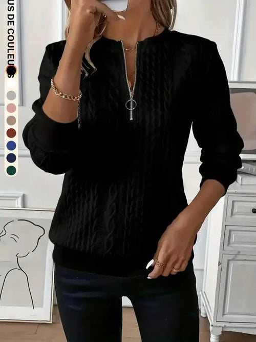 Sweat-shirt uni texturé à demi-glissière pour femme, pull décontracté à manches longues et col rond pour l'automne et l'hiver, vêtements féminins pour le quotidien