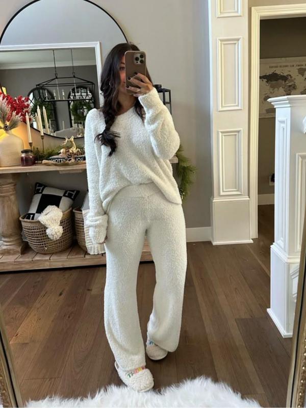 Ensemble deux pièces décontracté pour femme, haut à manches longues de couleur unie et pantalon large élastique, pyjama confortable et minimaliste à col rond
