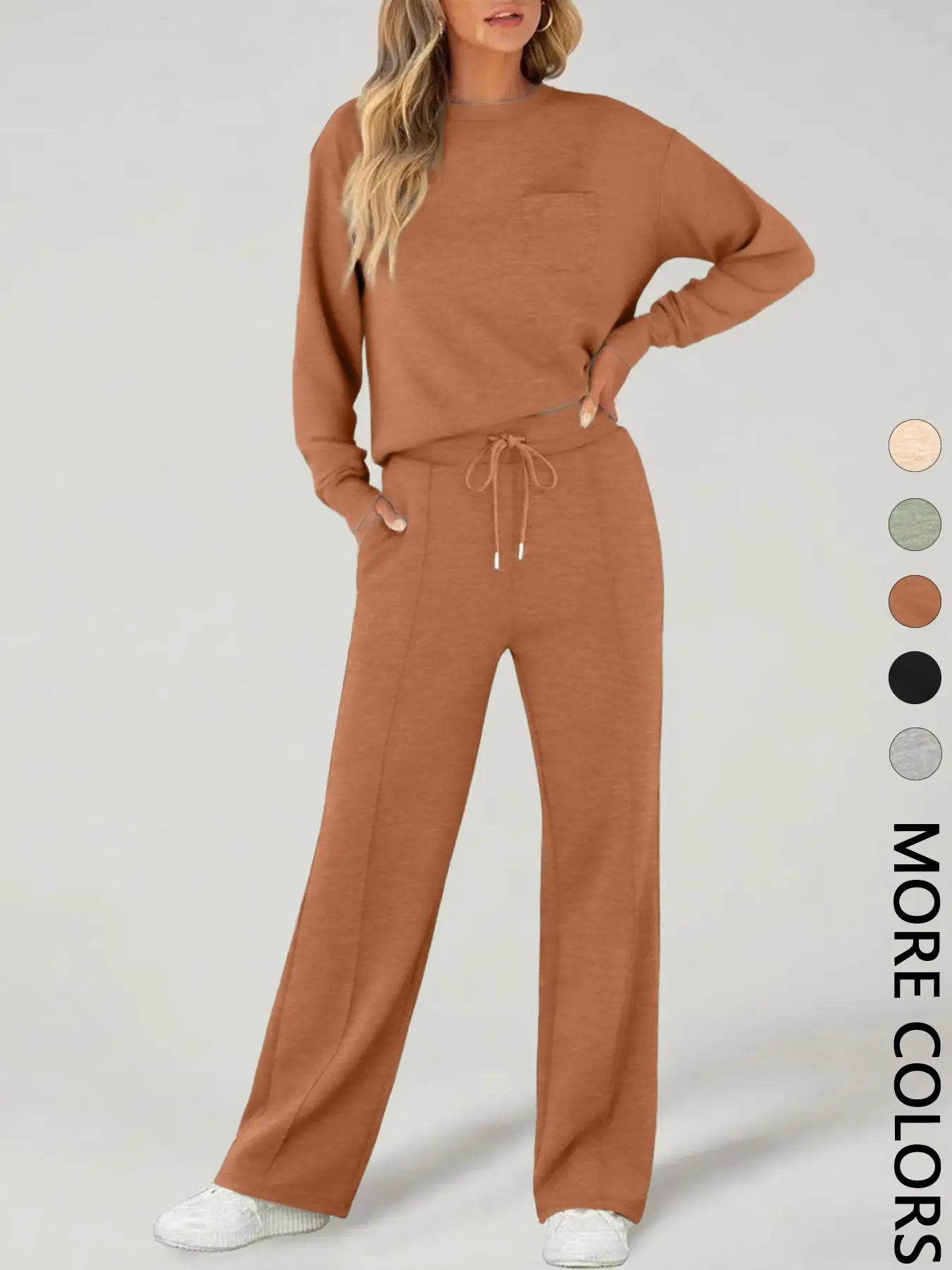 Ensemble de Survêtement Décontracté 2 Pièces à Manches Longues et Poches pour Femmes, Athlétique Élégant à Jambes Larges pour Toutes les Saisons, Confortable et Ajusté