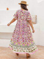 Robe longue grande taille à imprimé floral patchwork avec cravate, dentelle contrastante et ourlet à volants, robe chasuble bohème à manches papillon, vêtements d'été pour femmes pour les vacances