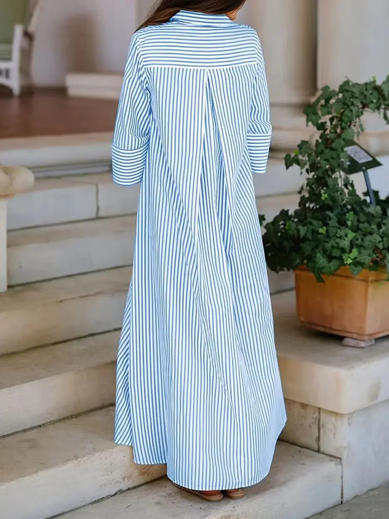 Elegante Abito Camicia Donna Sciolto a Righe con Colletto e Bottoni sul Davanti