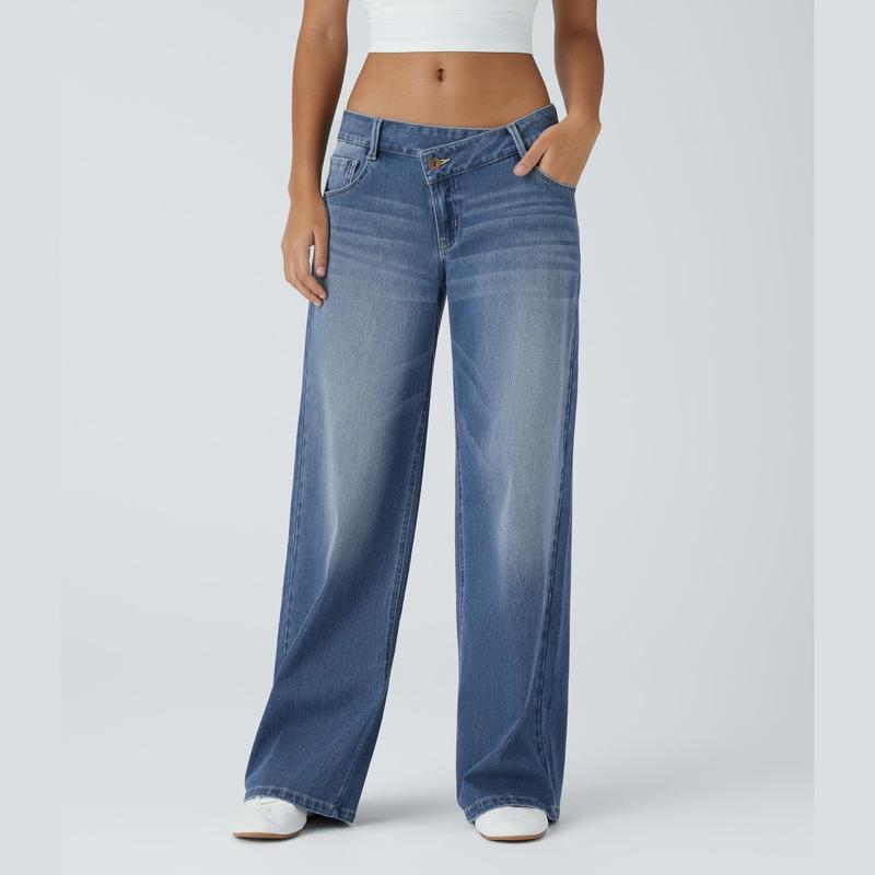 Jeans casual asimmetrici a vita bassa con tasche con cerniera, taglio ampio e slavato